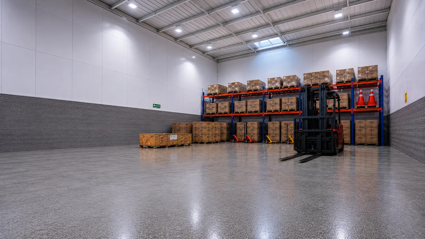 Grúa horquilla y carga paletizada de PFC Transportes en bodega